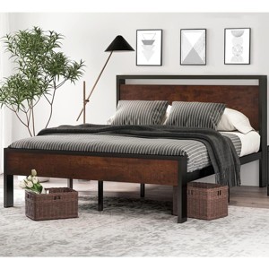 Queen Size Metal Platform Bed Frame with Wooden Headboard and Footboard, Mattress Foundation, No Box Spring Needed - 1 of 4