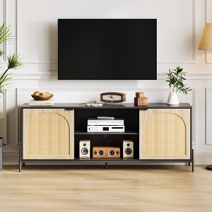 Rattan TV Stand with 3 Drawers – Black Wood Media Console with Metal Legs for Living Room Entertainment Center - 1 of 4