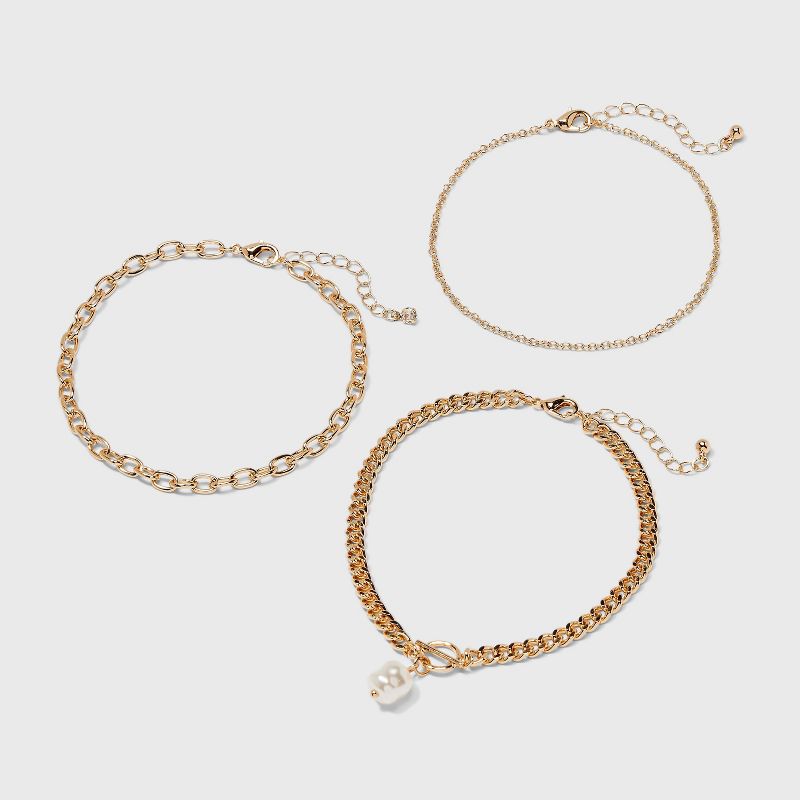 Pearl Drop Chain Anklet Set 3pc - A New Day&#8482; Gold, 1 of 5