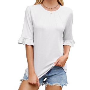 Women's Crew Neck Ruffle Sleeve Top, Half - Sleeve Pleated T - Shirt, Casual Flowy Tee - 1 of 4
