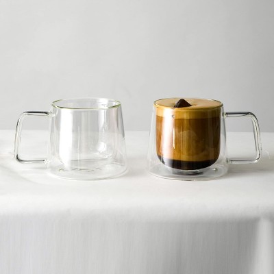 Double Walled Clear Glass Coffee Mugs with Handles - Set of 2