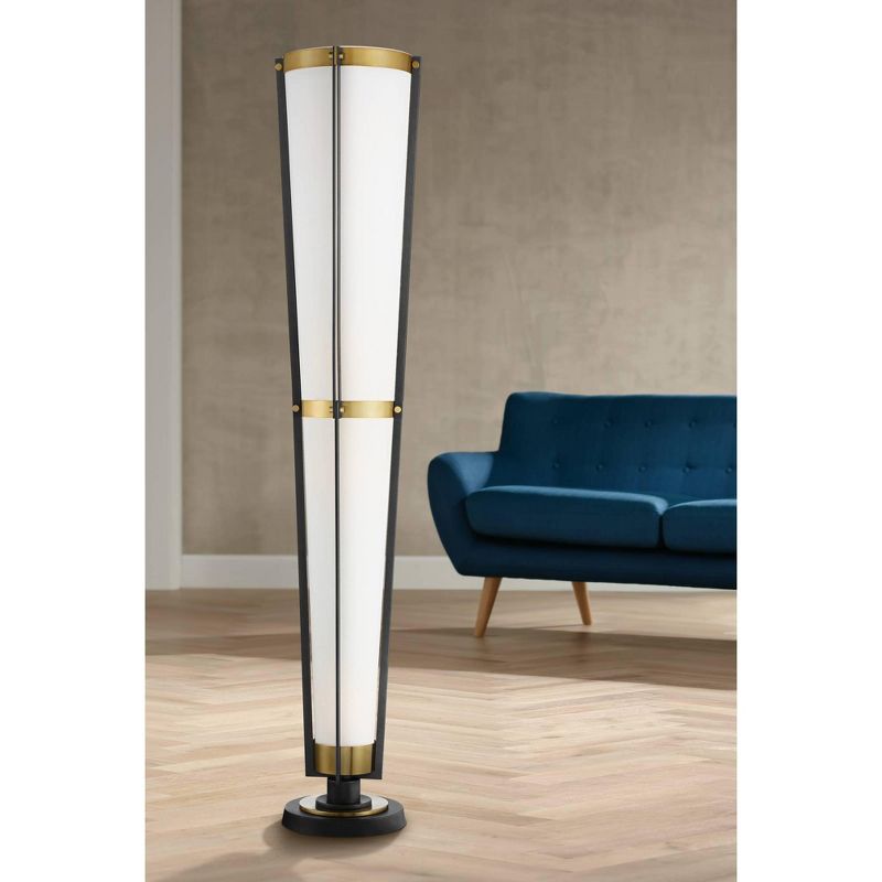 Possini Euro Design Mid Century Modern Torchiere Lamp 4-Light 68" Tall Antique Brass Off White Linen Cone Shade Living Room Office Uplight, 2 of 8