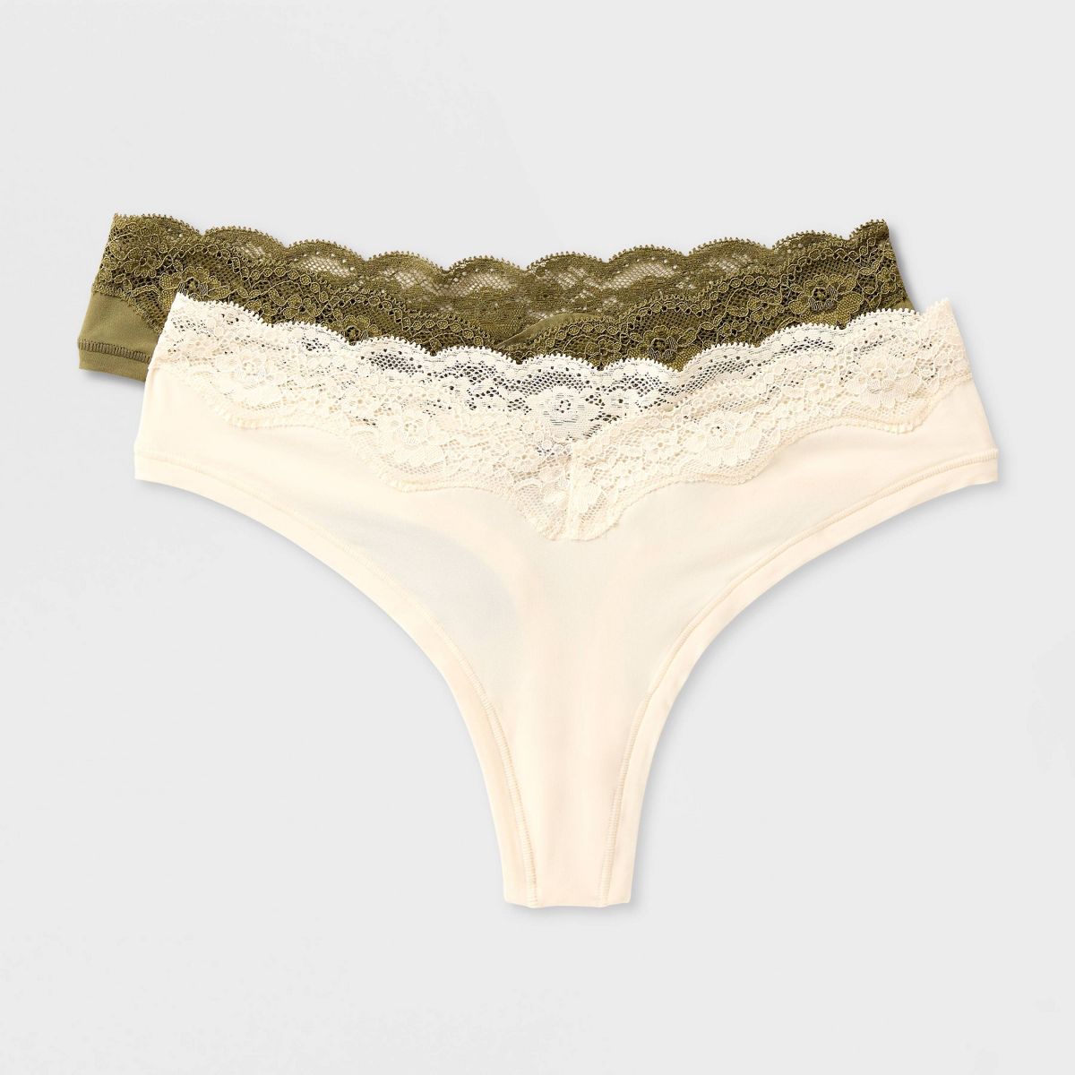 Women's 2pk Luxe Stretch with Lace Thong Underwear - Auden™ Olive/Milkshake