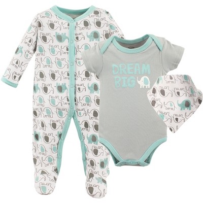 Image of Luvable Friends Baby Unisex Sleep and Play, Bodysuit and Bib, Elephants, 3-6 Months
