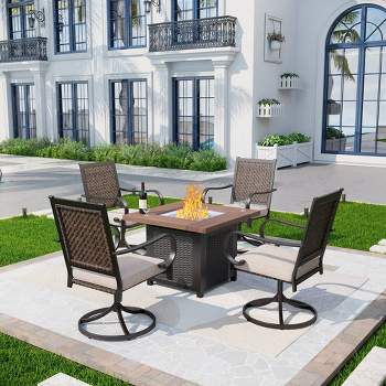 5pc Patio Dining Set with Fire Pit Table & Wicker Rattan 360 Swivel Chairs - Captiva Designs