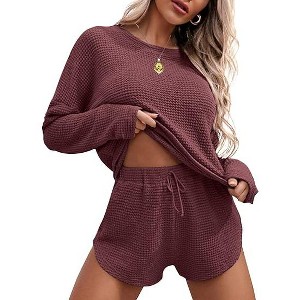 Ekouaer Womens Waffle Knit Pajama Sets Long Sleeve Top and Shorts Matching Lounge Set Loungewear Sweatsuit with Pockets - 1 of 4