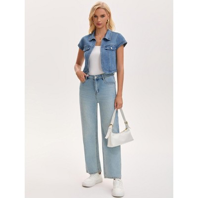 INSPIRE CHIC Women's Denim Turndown Collar Cap Sleeves Open Front Cropped Jean Jacket Medium Blue — фото 3