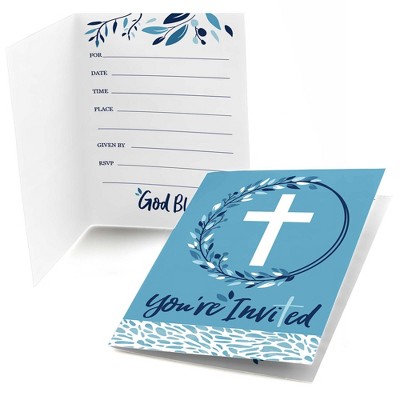 Big Dot of Happiness Blue Elegant Cross - Fill In Boy Religious Party Invitations (8 count)