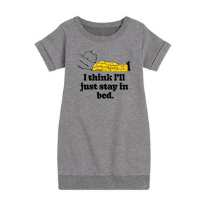 - Peanuts - I Think Ill Stay In Bed Graphic Short Sleeve Fleece Dress - 1 of 4