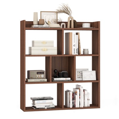 Tangkula 7 Cubes Open-back Bookshelf Home Storage Display Shelf Horizontal Wooden Bookcase Free-standing Storage Unit with Anti-Toppling Devices Floor Organizer Rack for Bedroom Study Living Room Walnut/White