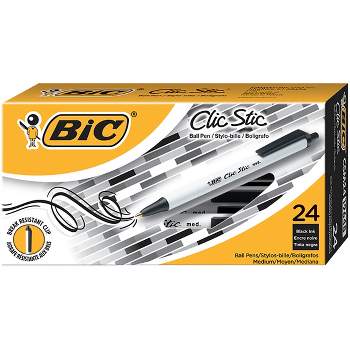 BIC Clic Stic Break-Resistant Retractable Ball Point Pen, 1 mm Medium Tip, Black Ink/White Barrel, pk of 24
