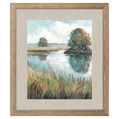 HomeRoots Riverside View Watercolor Waterscape Distressed Frame Wall Art
