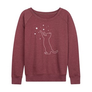 Women's - Instant Message - Cat Playing With Stars Lightweight French Terry Wide Neck Long Sleeve Graphic Shirt - 1 of 4