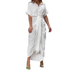 Women's Ruched Button Down Shirt Dresses Flowy Casual Tie Waist Short  Sleeve Maxi Shirt Dress White 2XL : Target