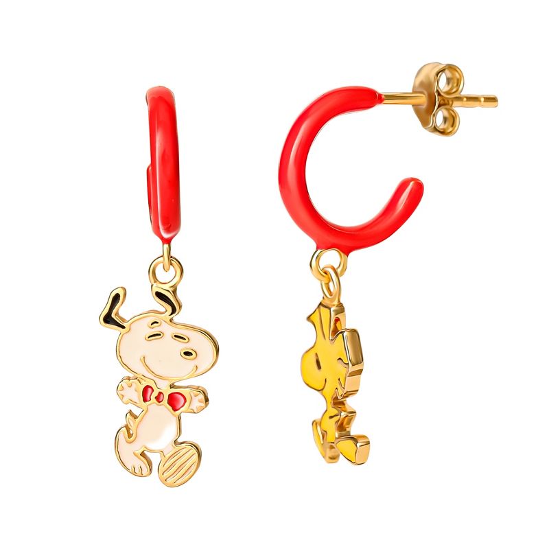 Peanuts Womens Gold Plated Sterling Silver and Enamel Woodstock and Snoopy Hoop Dangle Earrings, 5 of 7