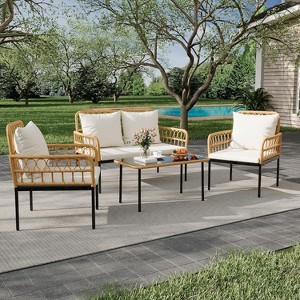 4-Piece Outdoor Patio Furniture Set, All-Weather PE Rattan Wicker Loveseat & Chairs with Glass Coffee Table & Steel Frame, Boho Conversation Set - 1 of 4