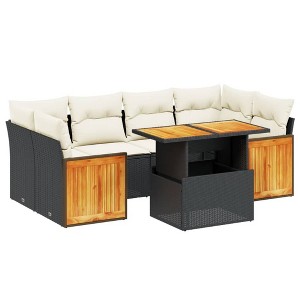 vidaXL 7 Piece Patio Sofa Set with Cushions Black and Cream Poly Rattan - Without Storage - 1 of 4