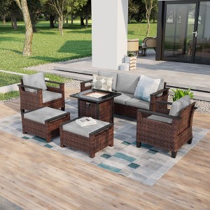 Sonkuki 6 Pieces Patio Sofa with Square Fire Pit Table and Ottomans, Patio Conversation Couch with Cushion - 1 of 4