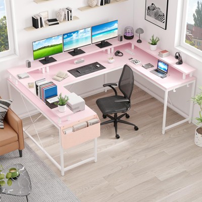 Whizmax U Shaped Computer Gaming Desk, Reversible L Shaped Desk with Monitor Stand, Large Corner Desk with Storage Shelves for Home Office