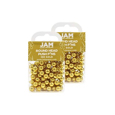 Jam Paper Colored Map Thumb Tacks Gold Round Head Push Pins 2 Packs of 100 22432213A