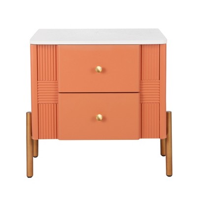Lirago Orange Modern Nightstand with 2 Drawers Fluted Bedside Table with Gold Legs Handles Multi-Functional End Table 21.6"H x 15.75"D x 21.6"W