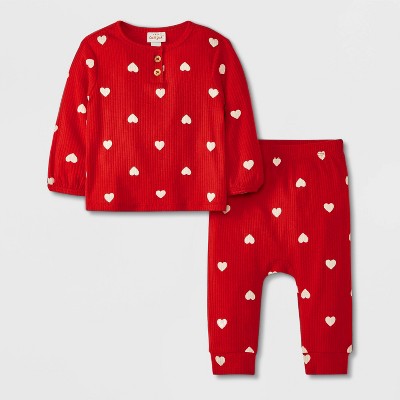 Baby Heart Printed Ribbed Top & Bottom Set - Cat & Jack™ Red 18M