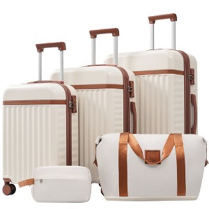 MOEPISY Luggage Set 5 Piece, Hardside Carry on Suitcase, Expandable Luggage with Travel Bags Spinner Wheels TSA Lock Brown+White - 1 of 4
