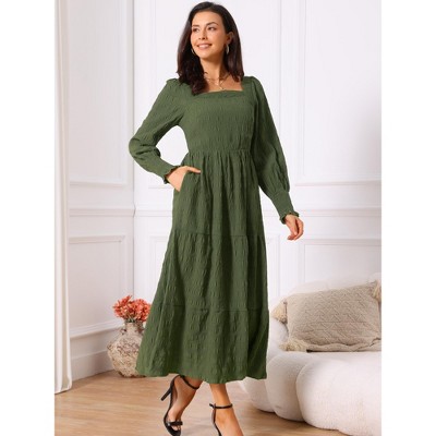 Женские платья INSPIRE CHIC Women's Fall Smocked Long Sleeve Square Neck Flowy Casual Maxi Tiered Dresses with Pockets Green Small 2 Packs Green/Black Small — фото 2
