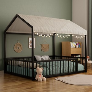 KTMBDW Twin/Full Floor Bed with Fence, Twin/Full Size Montessori Floor Beds with Roof, Metal House Bed Frame for Girls, Boys, Easy Assemble - 1 of 4
