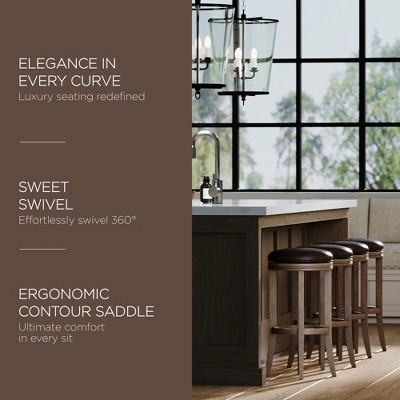 Walnut Swivel Backless Saddle Style Bar Stool with Leather Seat