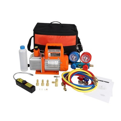 Single Stage Rotary Vane Air Vacuum Pump and Manifold Gauge Set Kit with Leak Detector Carry Bag