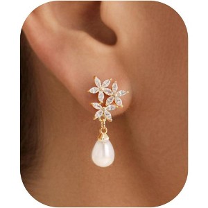 Pearl Earrings: 14k Gold-plated Cubic Zirconia Accented Pearl Drop Dangle Wedding Engagement Earrings For Women Bridal Bridesmaid - 1 of 4