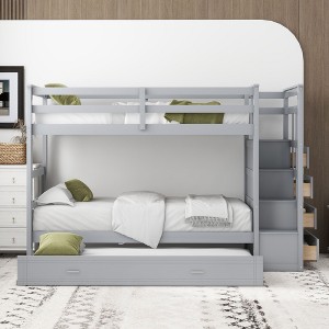 NicBex Twin over Twin Bunk Bed Triple Wood Bed Frame with Wheels, Storage Stairs and Full Length Guardrail, No Box Spring Required - 1 of 4