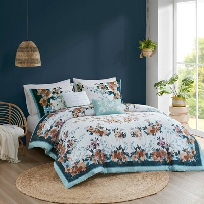 Gray Floral Cotton 5-Piece Bedspread Set