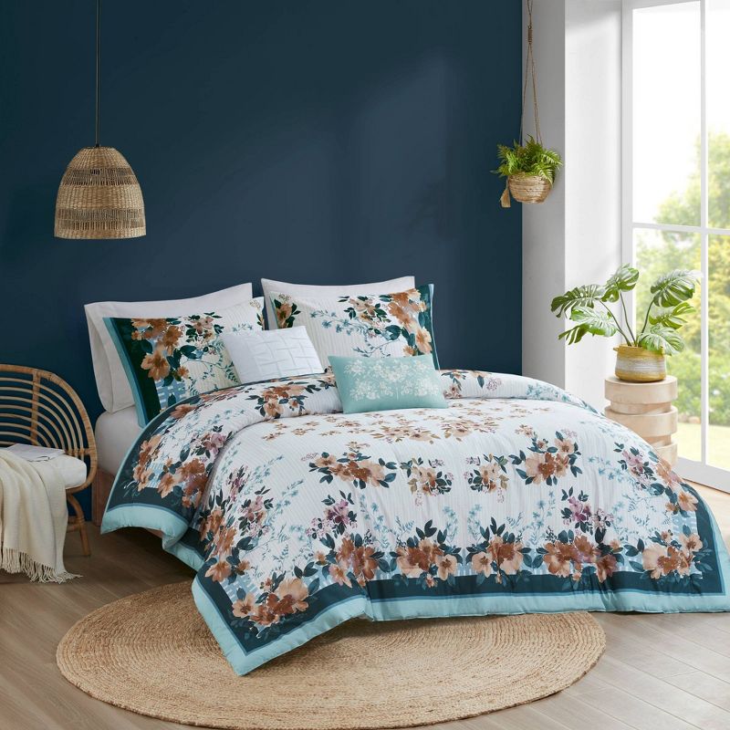 Madison Park 5pc Everly Cotton Floral Comforter Bedding Set with Throw Pillows Teal Blue, 3 of 13