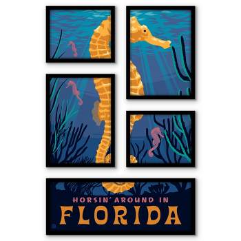 Americanflat Florida Seahorse 5 Piece Grid Wall Art Room Decor Set - vintage coastal Modern Home Decor Wall Prints