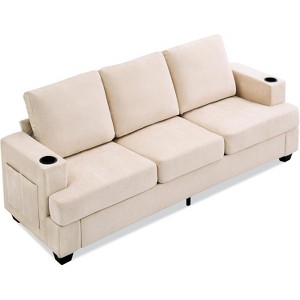 89" Chenille 3-Seater Sofa - Features cup holders & side storage pockets. Deep seat couch for living room & apartment. - 1 of 4