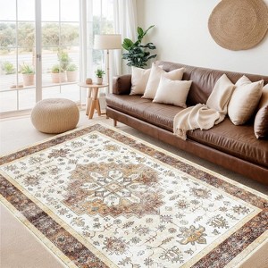 3x5 Large Machine Washable Floral Area Rug Soft Stain Resistant Non-Slip Thin Carpet for Under Dining Table, Bedroom, Nursery Home Office Camel - 1 of 4