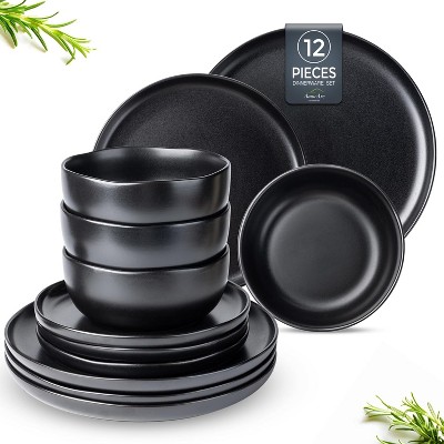 12-Piece Stoneware Dinner Plates Bowls Sets | Microwave & Dishwasher Safe | Non-Toxic| Stackable Matte Glaze Kitchenware for 4
