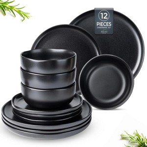 12-Piece Stoneware Dinner Plates Bowls Sets | Microwave & Dishwasher Safe | Non-Toxic| Stackable Matte Glaze Kitchenware for 4 - 1 of 4