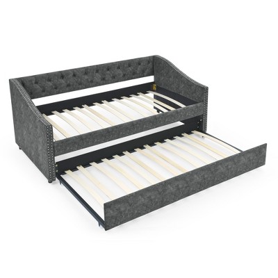 VYNXARIA Gray Twin Daybed with Hidden Trundle: Tufted Luxury, Button - Back Elegance, and Waved Copper - Nail Arms