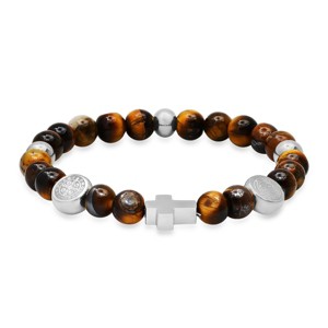 Steeltime Men's genuine tiger eye beaded bracelet and stainless steel St. Benedict and cross charms. Color Option: Silver, Gold - 1 of 4
