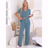 INSPIRE CHIC Women's Turndown Collar Knit Short Sleeve Top with Side Pocket Long Pant Pajamas Set - 3 of 4