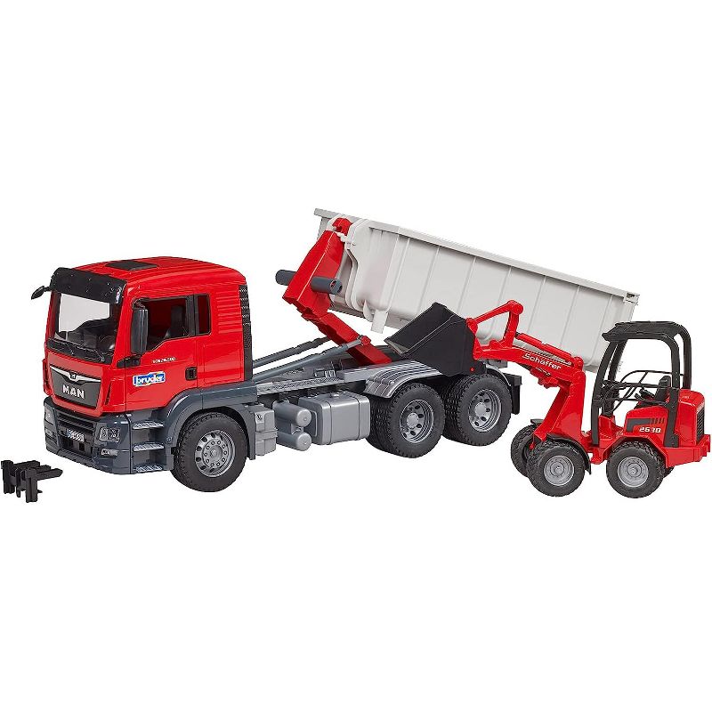 Bruder MAN TGS Truck with Roll-off Container and Schaeffer Loader, 1 of 7