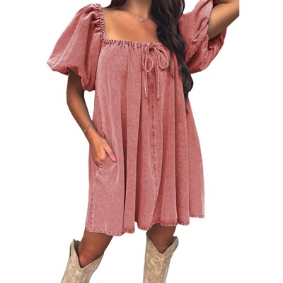 EXLURA Womens Summer Denim Short Puff Sleeve Dresses Knit Loose Plus Size Short Mini Dress 2025 Trendy Outfit