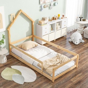 Twin Size House Floor Bed, Twin Floor Bed Frame House-Shaped Headboard Bed With Full-Length Guardrails, Pine Wood Bed For Boys, Girls - 1 of 4