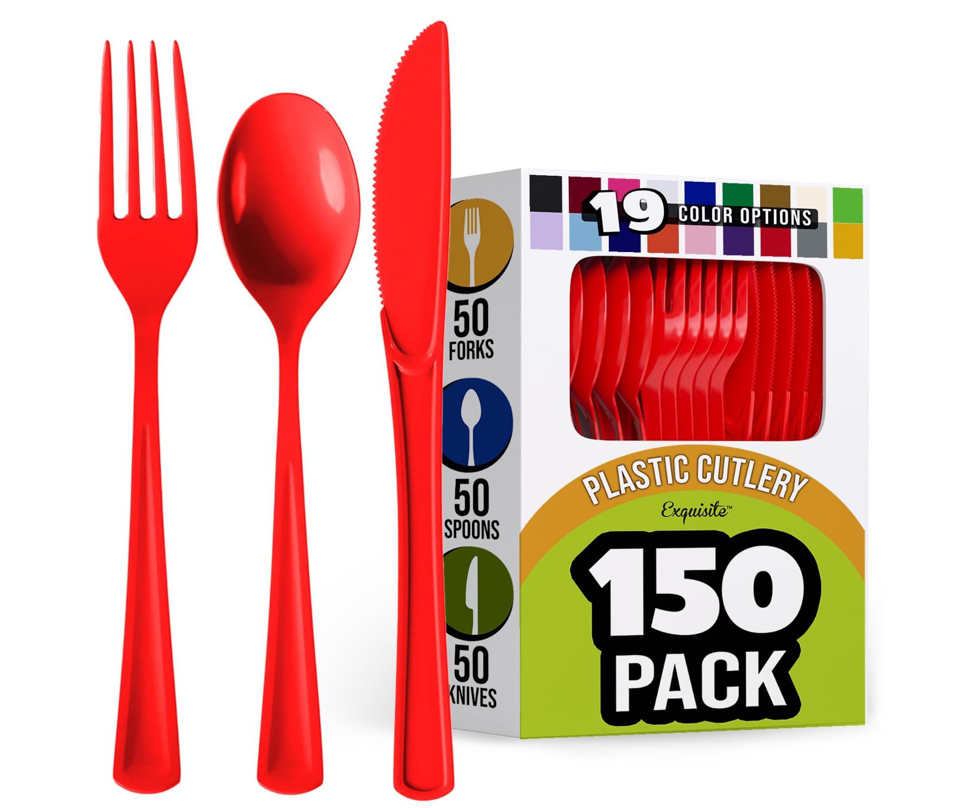 Exquisite Red Plastic Utensil Cutlery Set Forks Spoons Knives- 150 Pack