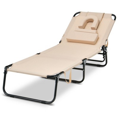 Tangkula 5-Position Lounge Chair Adjustable Beach Chaise w/ Face Cavity & Pillows