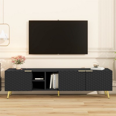 TV Cabinet For 80+ Inch TV, Modern Minimalist Geometric Multi-functional TV Stand With Storage Cabinets, Metal Handles, Legs