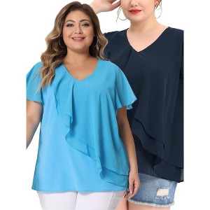 Agnes Orinda Women's Plus Size Layered Ruffle Short Sleeve V Neck Elegant Packs Blouses - 1 of 4
